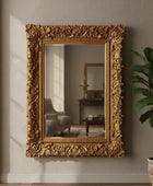 Decorative gold-framed mirror on a wall with a plant to the right.