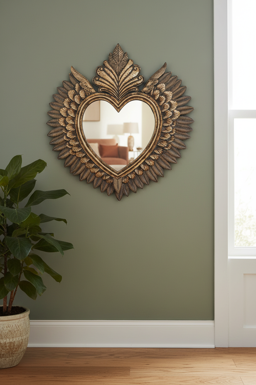 Decorative heart-shaped mirror with intricate design on a green wall.