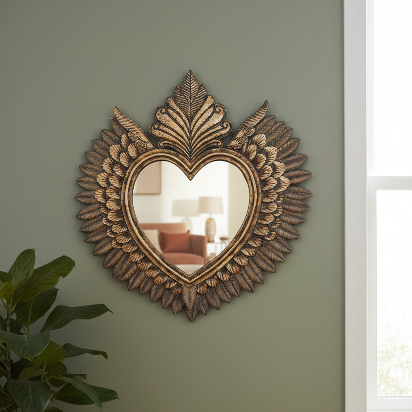 Decorative heart-shaped mirror with leaf-like designs on a green wall.
