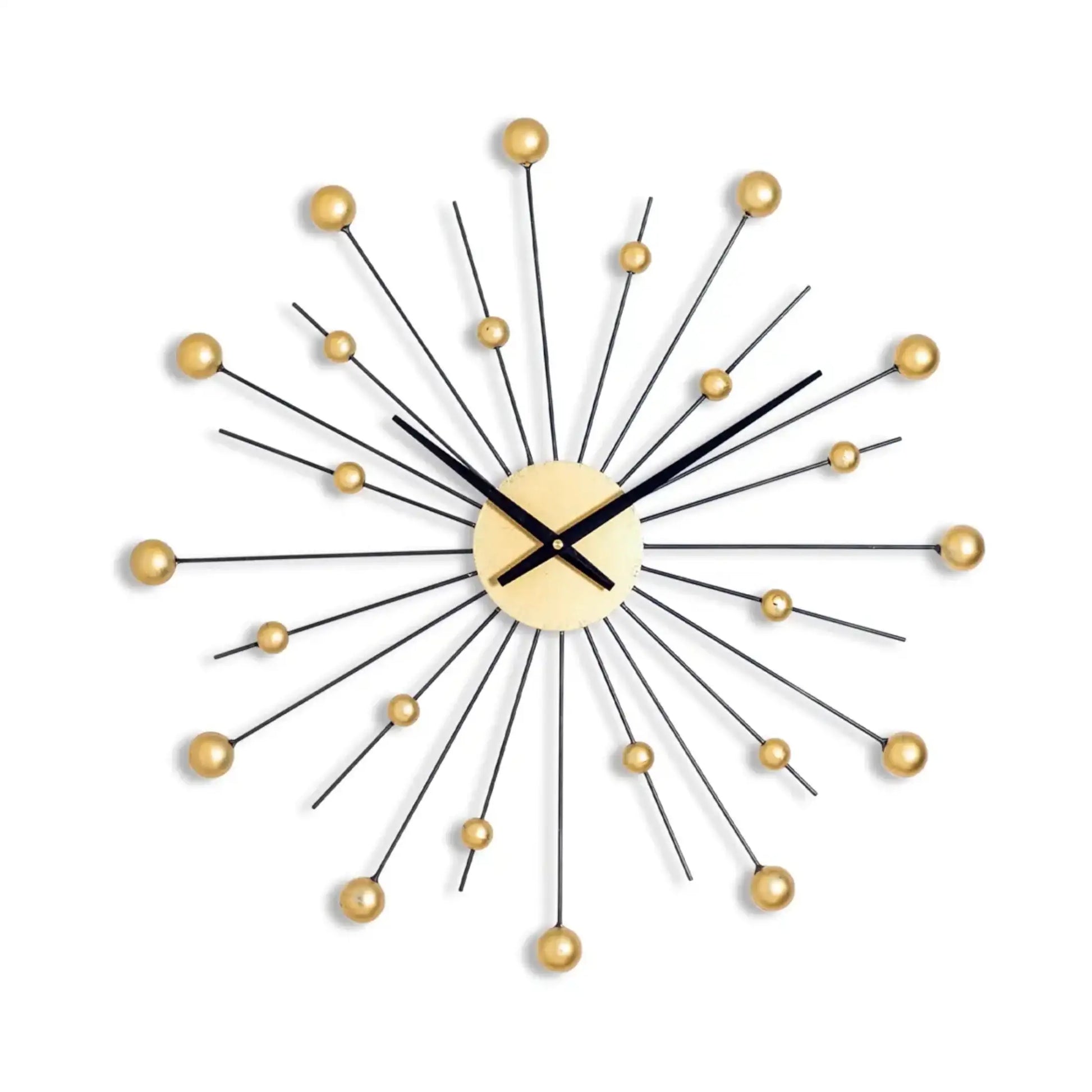 Decorative wall clock with gold accents on a white background