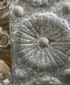 Rust-covered metal plate with star-like design held by a hand