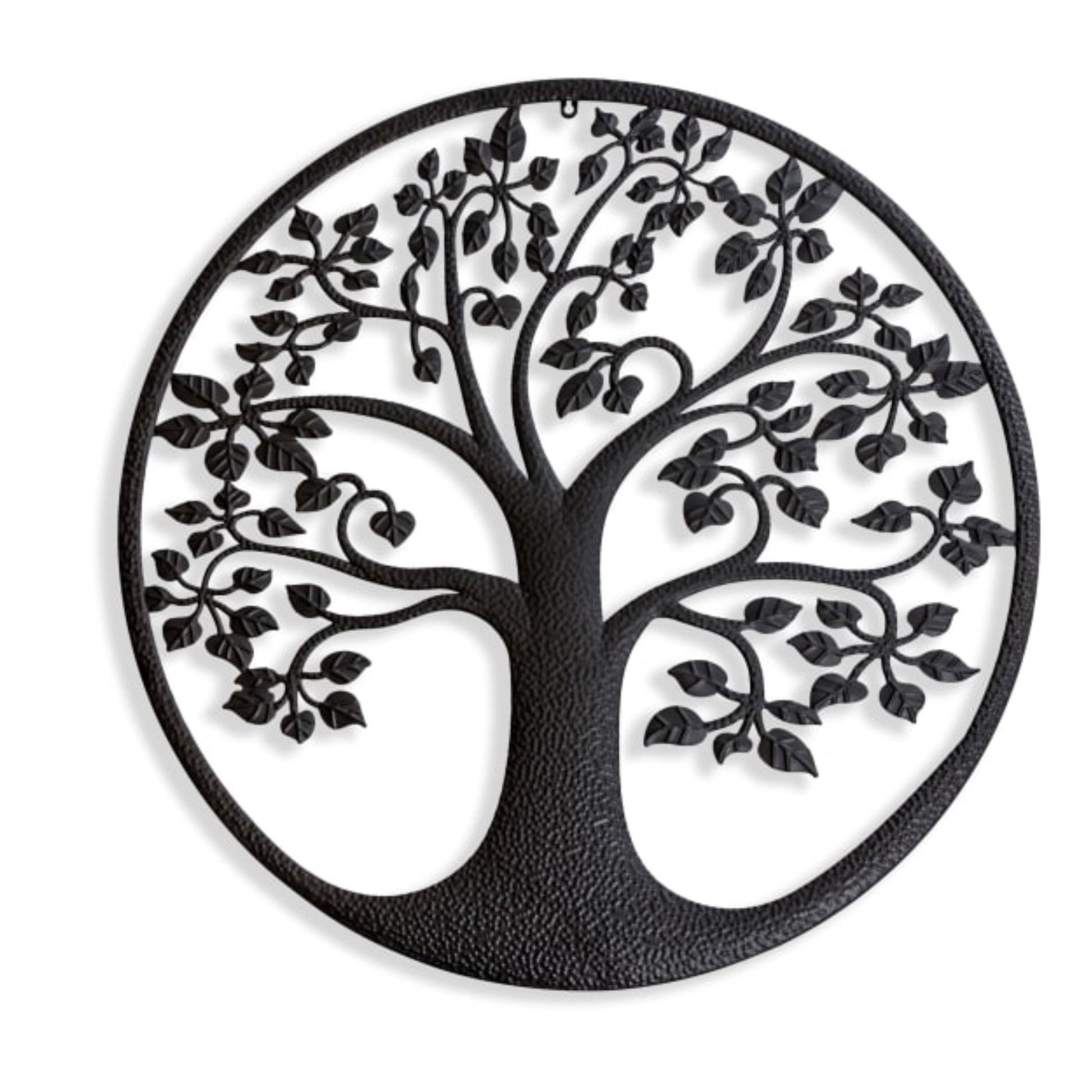 Black metal tree of life wall art on a white background