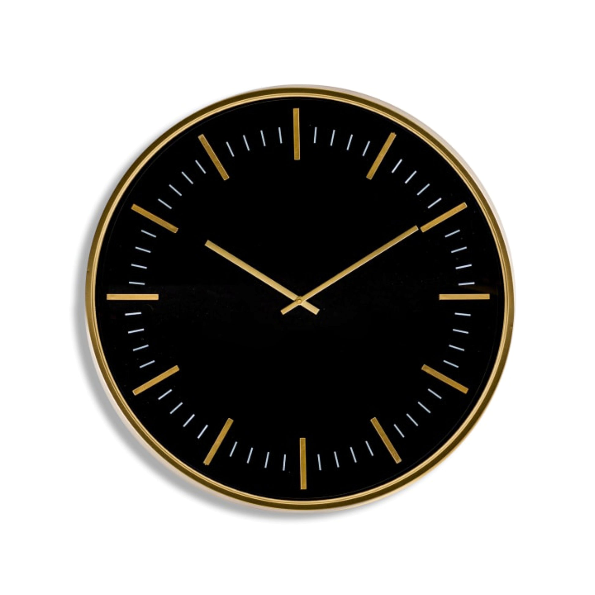 Black wall clock with gold accents on a white background