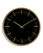 Black wall clock with gold accents on a white background