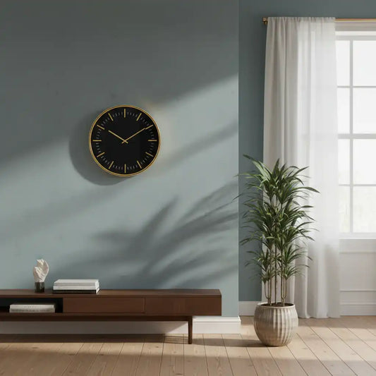 Modern interior with a black wall clock, wooden console table, and plant.