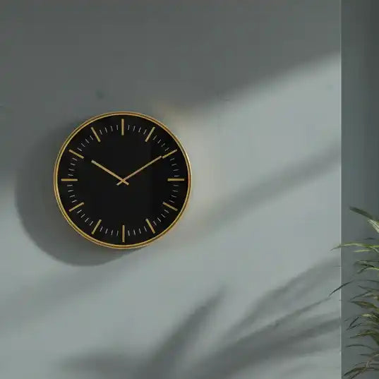 Black wall clock with gold trim on a light gray wall