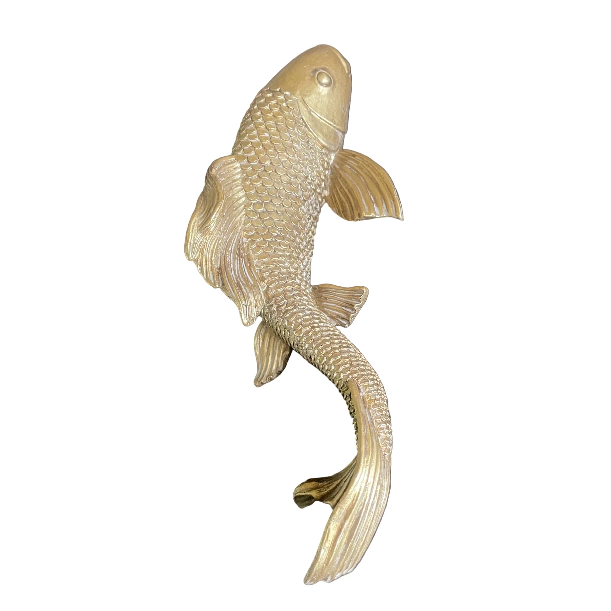 Gold fish-shaped object on a dark surface