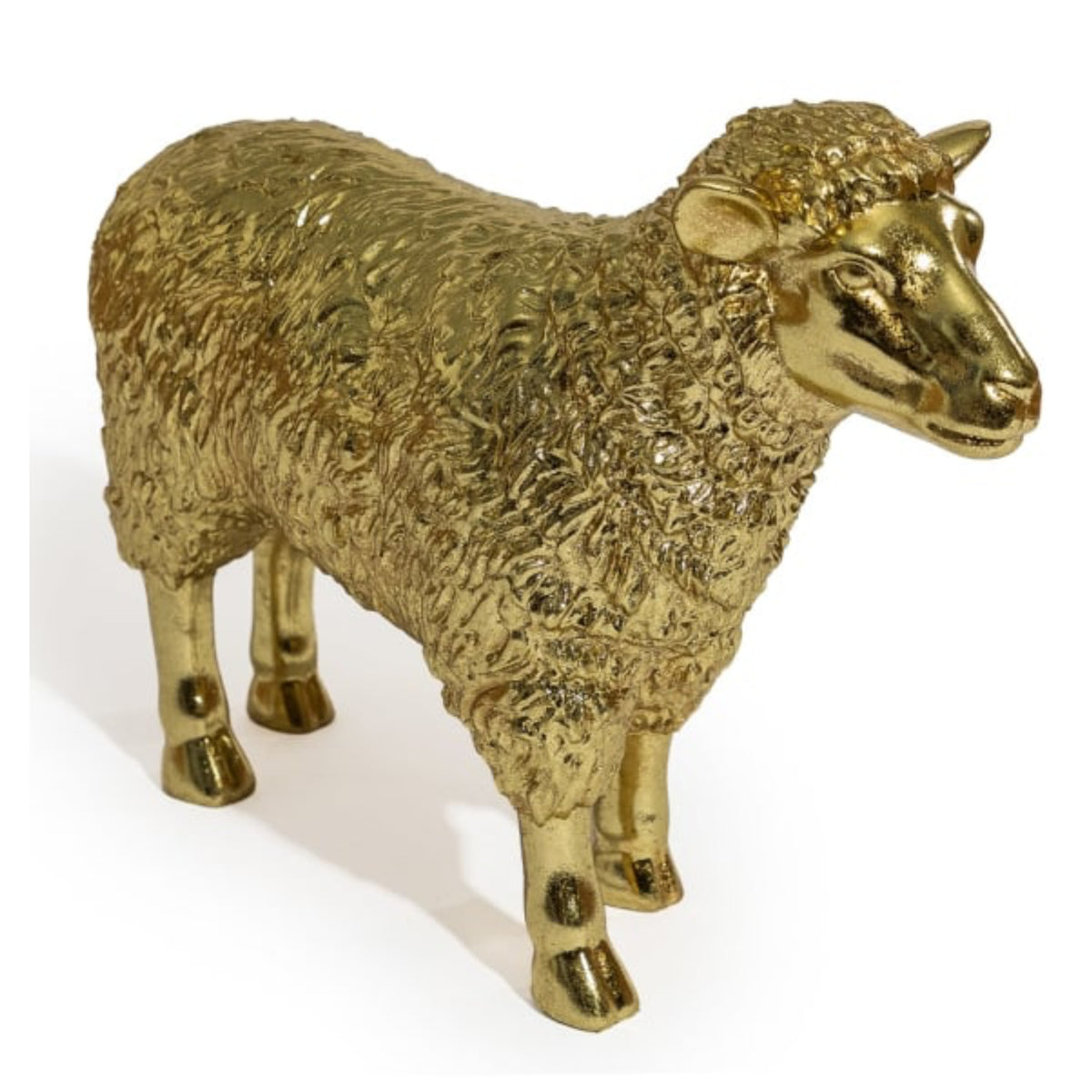 A metallic gold sheep figurine with a textured woolly body and polished finish, standing on a plain white background.
