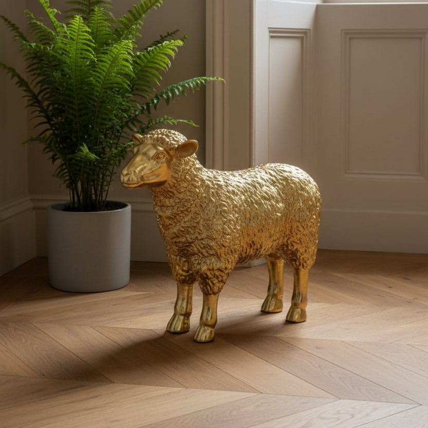 A metallic gold sheep figurine standing on a light wood herringbone floor next to a potted green fern in a gray pot, set against a beige paneled wall.