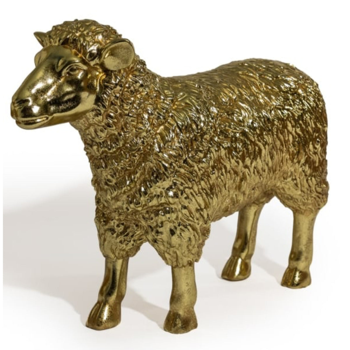 A metallic gold sheep figurine with textured wool and a polished finish, standing on a white background.
