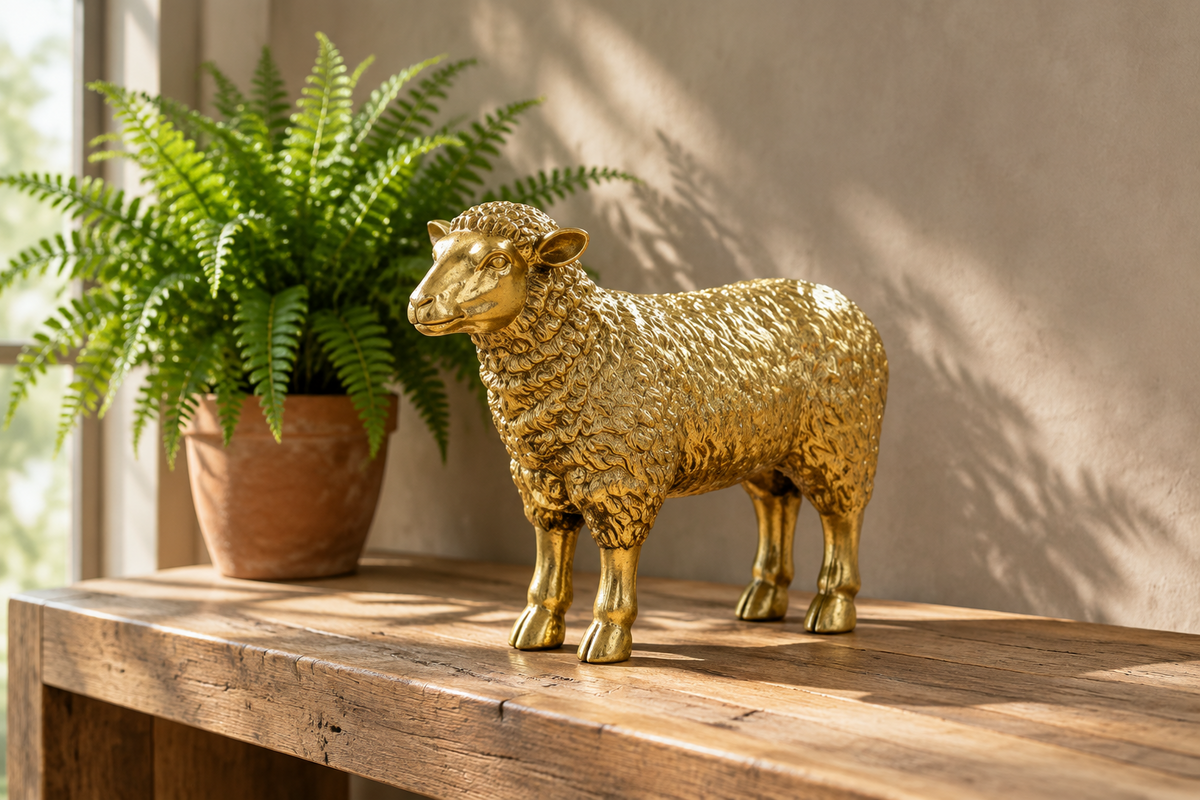 A metallic gold sheep figurine stands on a rustic wooden table beside a potted green fern, with warm sunlight casting shadows on a beige wall.