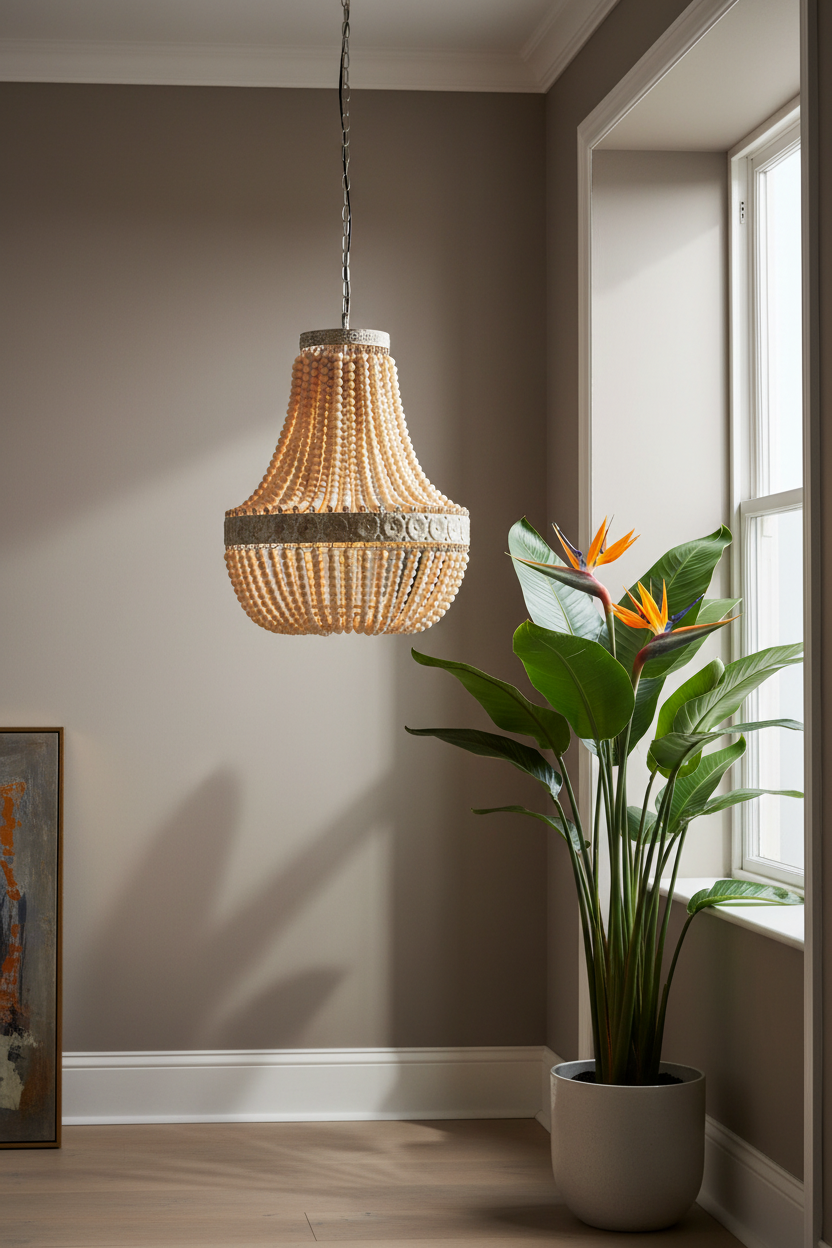 Woven pendant light fixture hanging in a room with a plant and window.