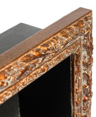 Close-up of an ornate rectangular picture frame corner with a carved, textured metallic finish in warm copper and gold tones, shown against a white background.