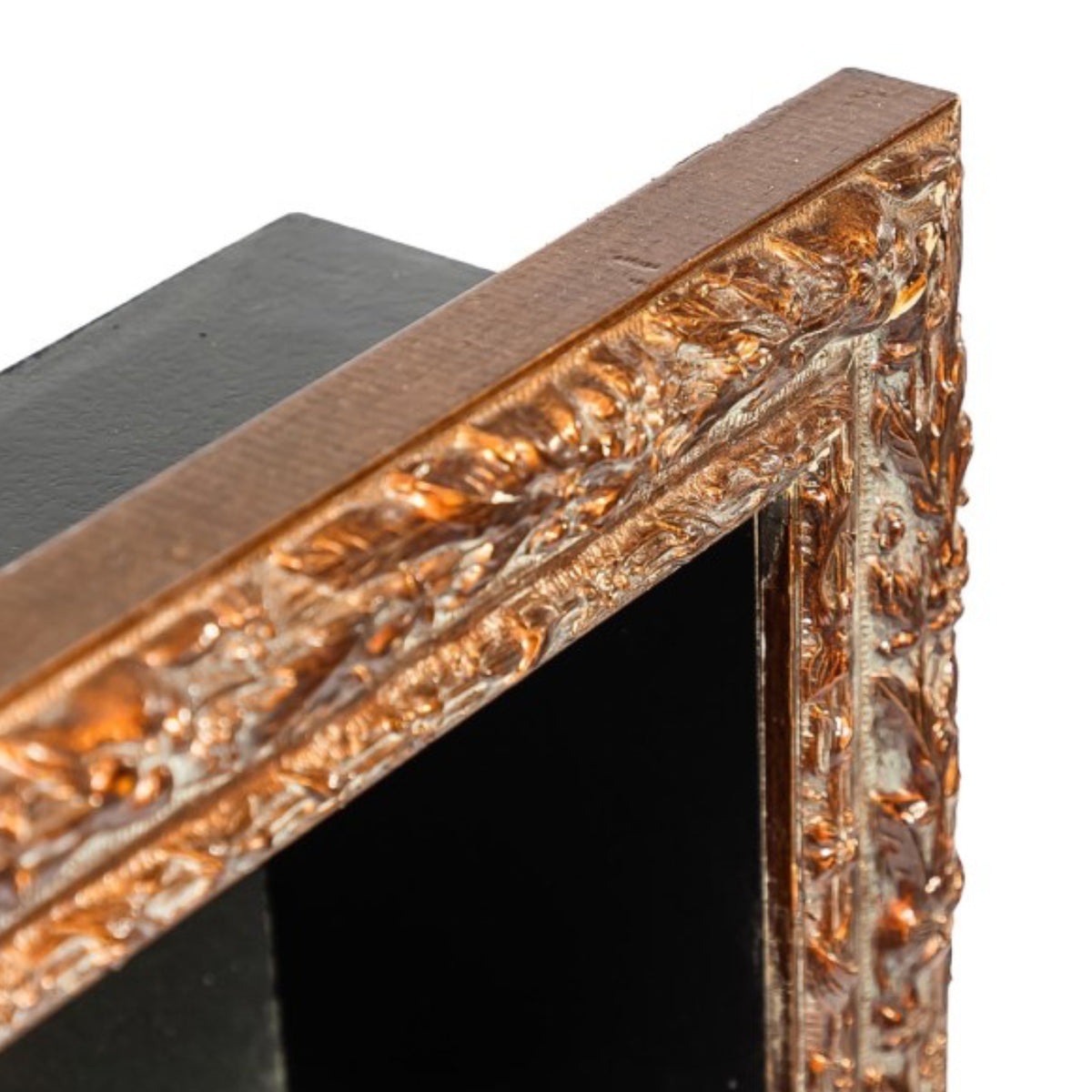 Close-up of an ornate rectangular picture frame corner with a carved, textured metallic finish in warm copper and gold tones, shown against a white background.