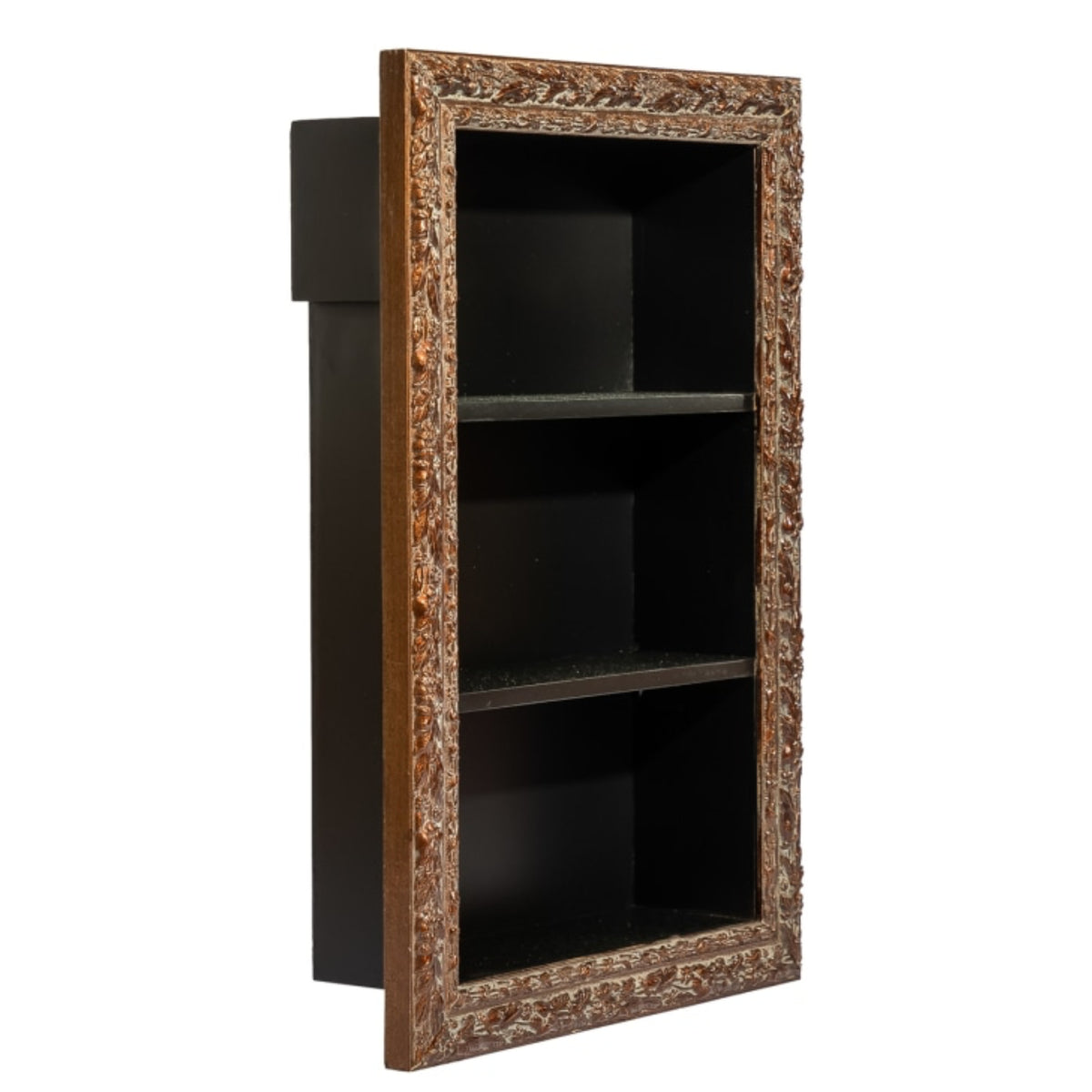 A three-tier wall-mounted bookcase with a dark brown carved ornate frame and three open shelves, shown against a plain white background.