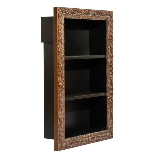 A three-tier wall-mounted bookcase with a dark brown carved ornate frame and three open shelves, shown against a plain white background.