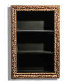 An ornate rectangular wall-mounted shelf with a carved brown and gold frame, three black shelves, and a black backing, shown against a white background.
