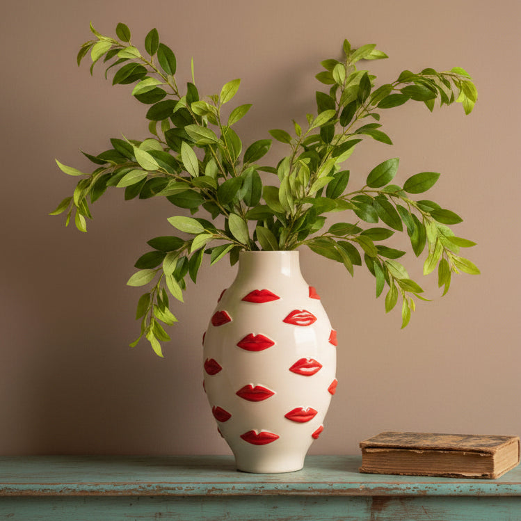 An off-white ceramic vase with a repeating red lips pattern, filled with dried brown leaves, styled on a white marble surface next to a red candlestick holder.