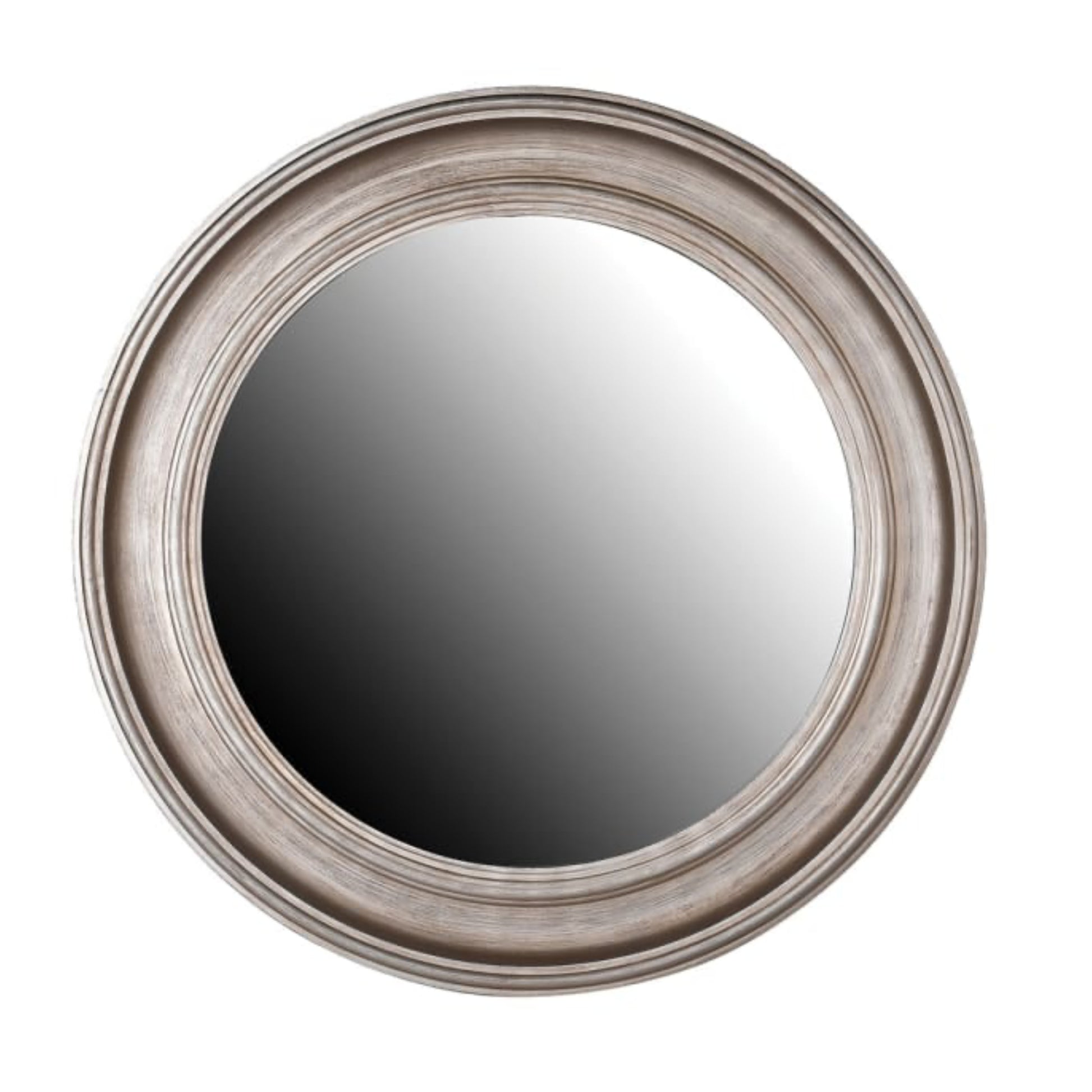Round mirror with a silver frame on a white background