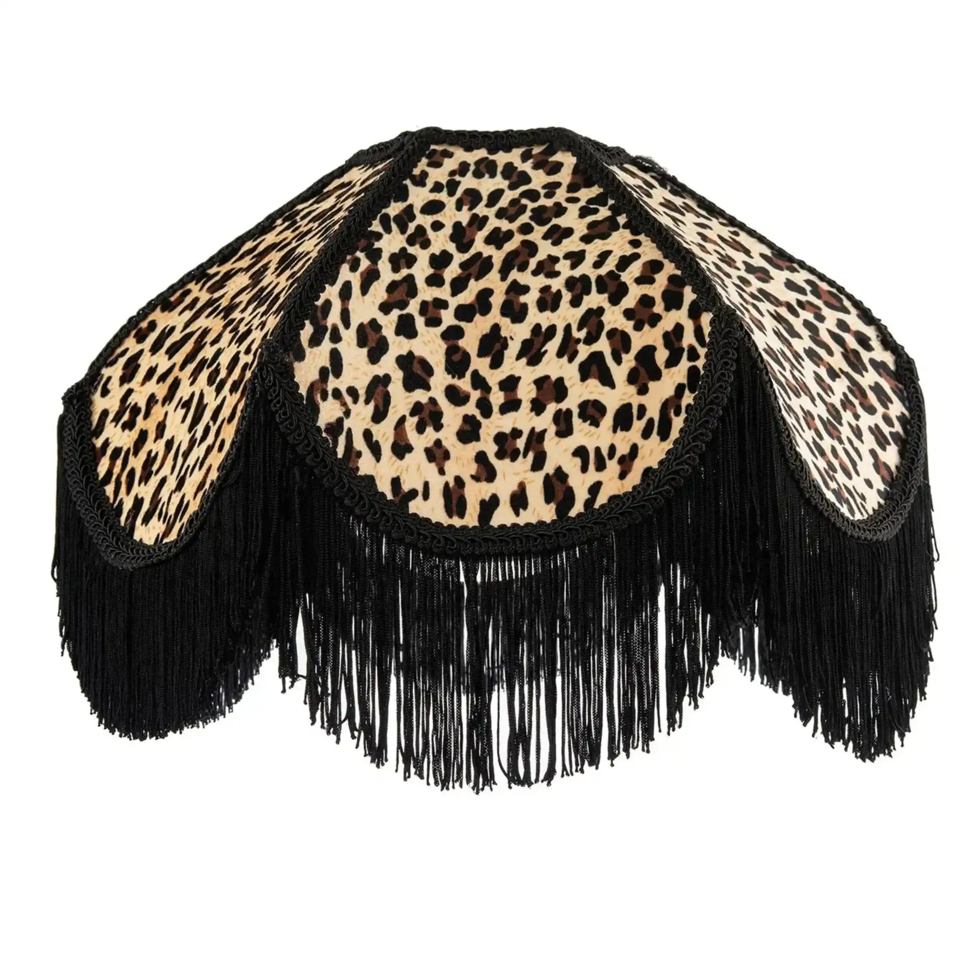 Leopard print top with black fringes on a white background