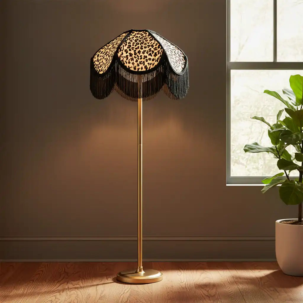 Decorative floor lamp with leopard print shade in a room with a window and plant.