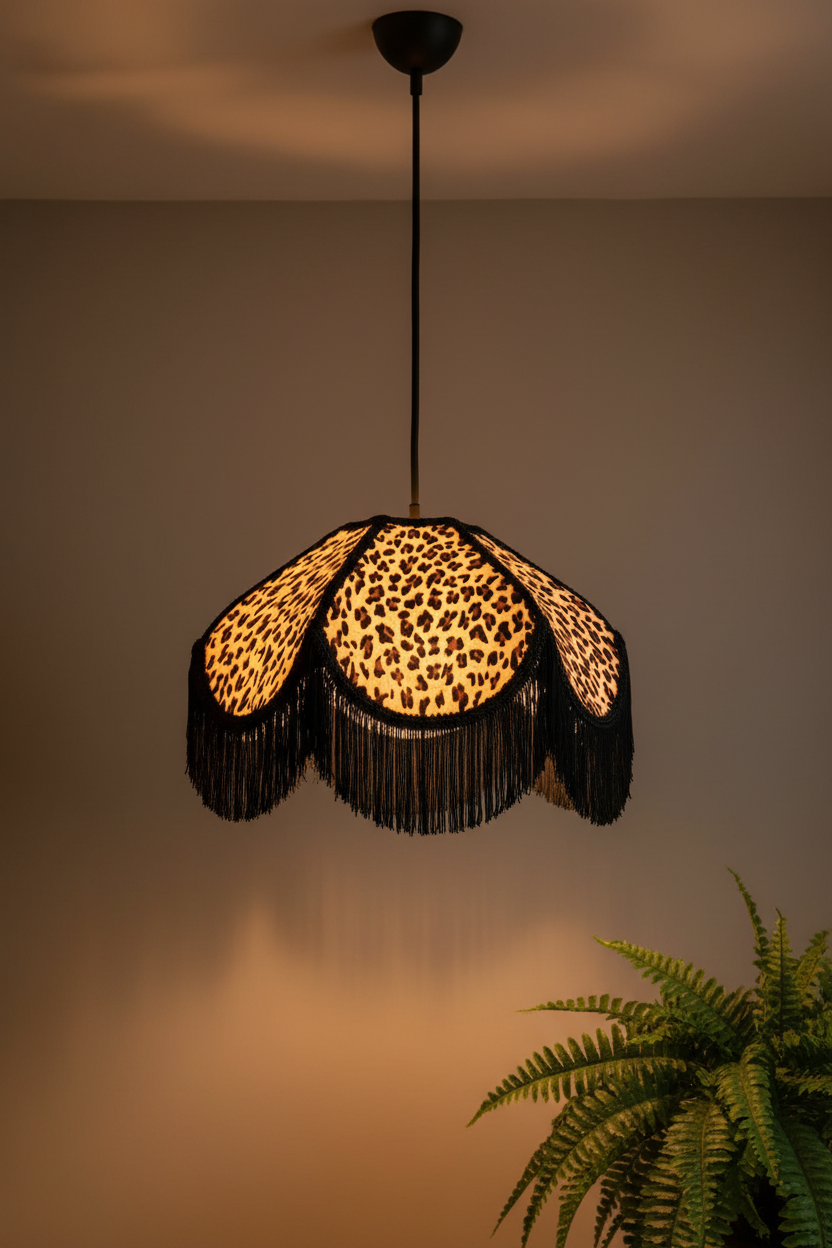 A hanging pendant light with a black rod and canopy, featuring a leopard-print shade with black fringe, shown lit against a warm beige wall with a green plant in the lower right corner.