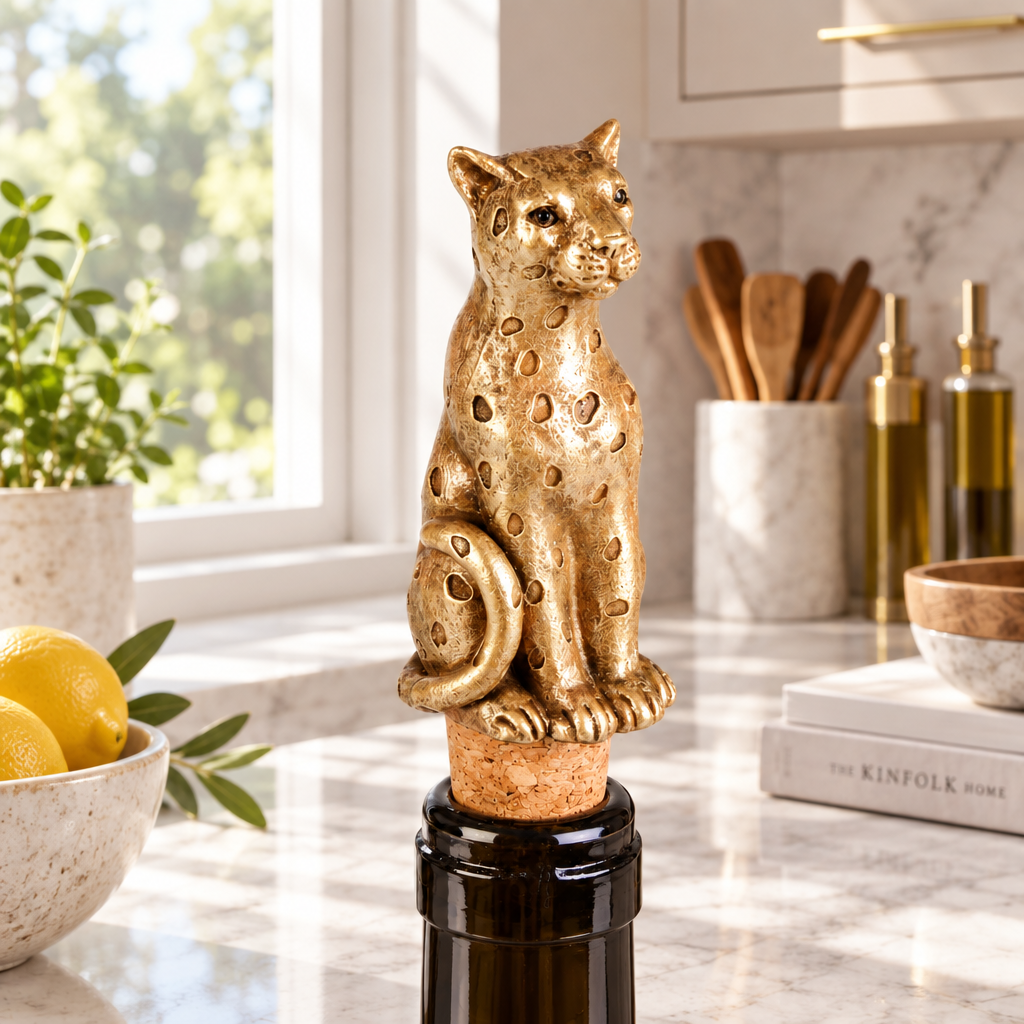 A decorative gold-toned leopard figurine corkscrew stopper sits on a cork inserted into a dark wine bottle on a marble kitchen countertop, with lemons, plants, and kitchen items in the background.
