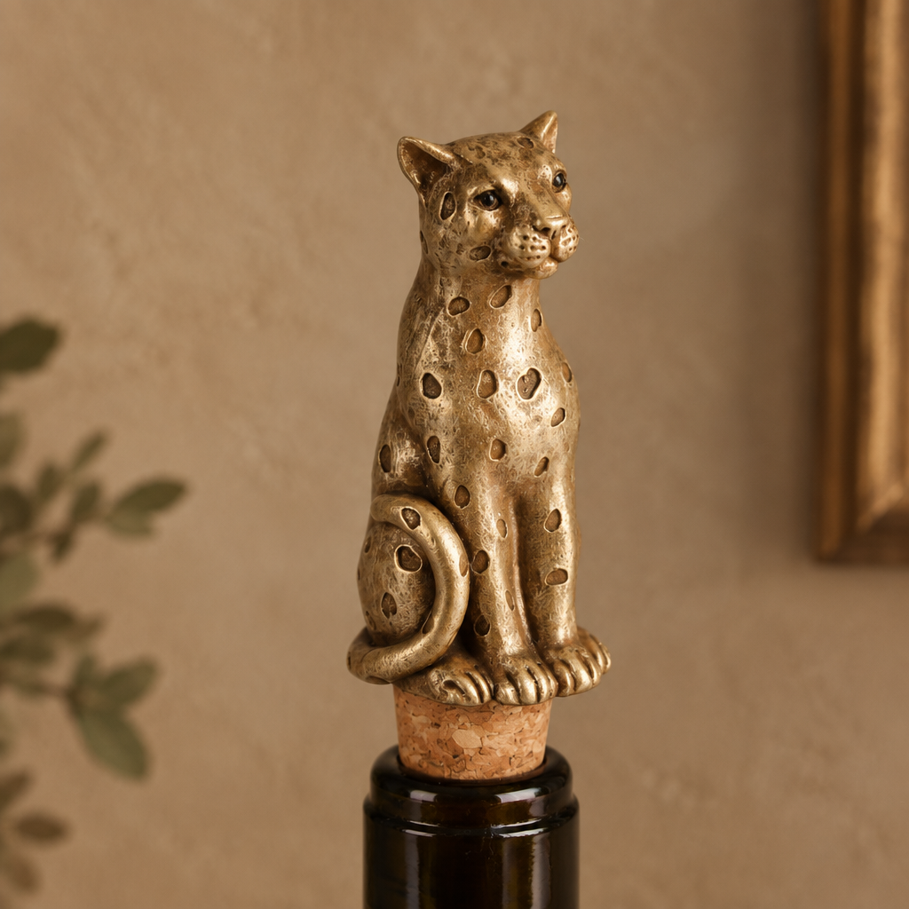 A metallic gold-toned leopard bottle stopper with cutout details, mounted on a cork and dark glass bottle against a warm beige wall background.