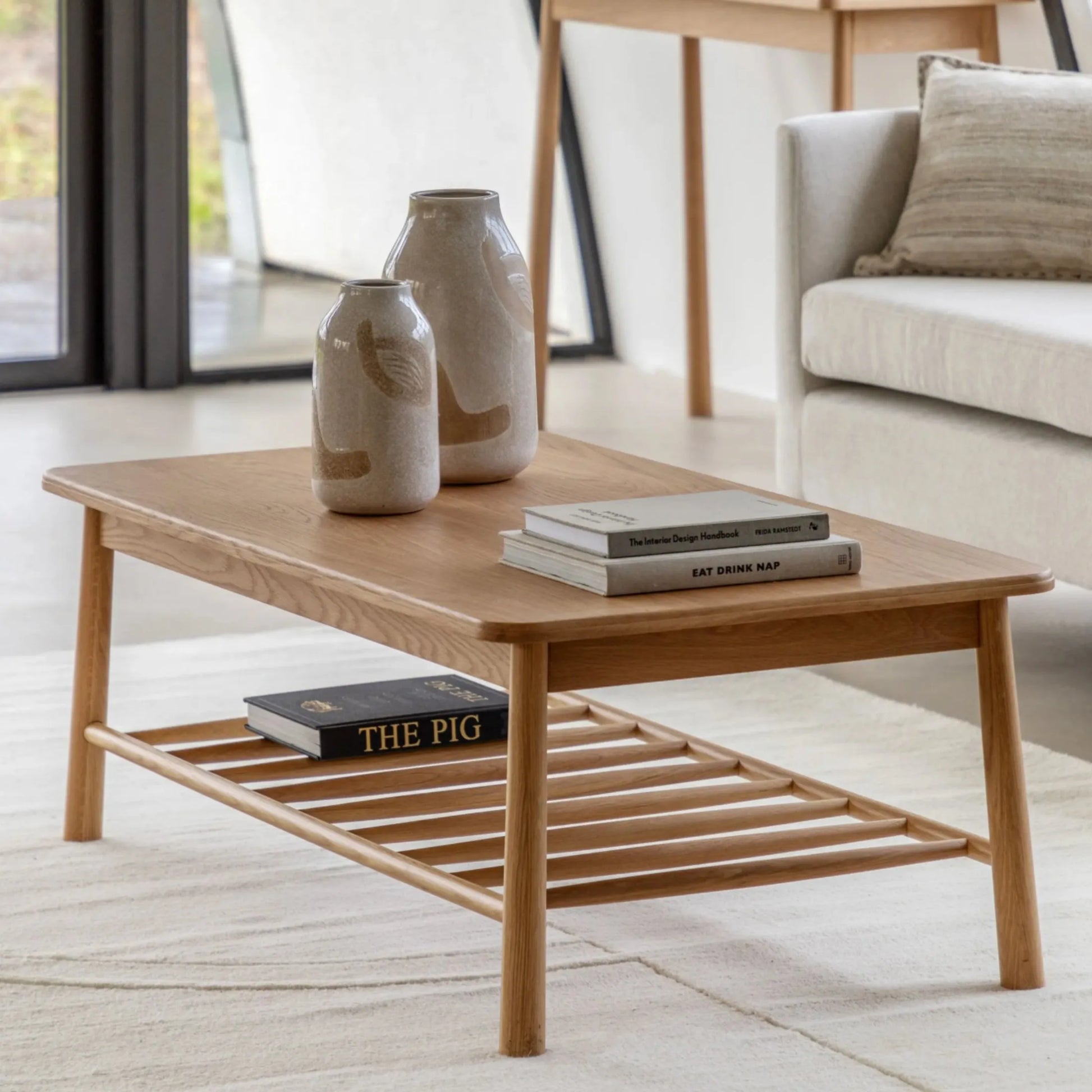 Light Oak Rectangle Spindle Shelf Coffee Table