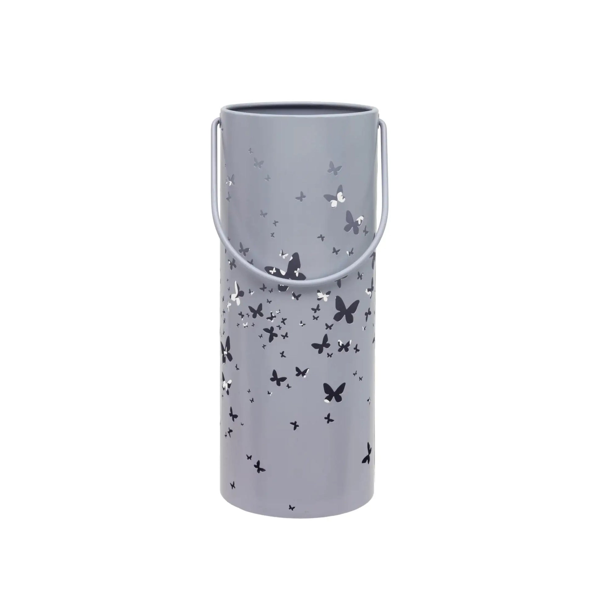 Gray cylindrical lantern with butterfly patterns on a white background