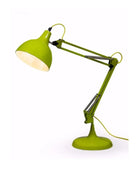 Green desk lamp with adjustable arm on a white background