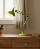 Green desk lamp on a wooden surface with a plant and book in the background