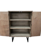 Wooden cabinet with open doors on a wooden floor.