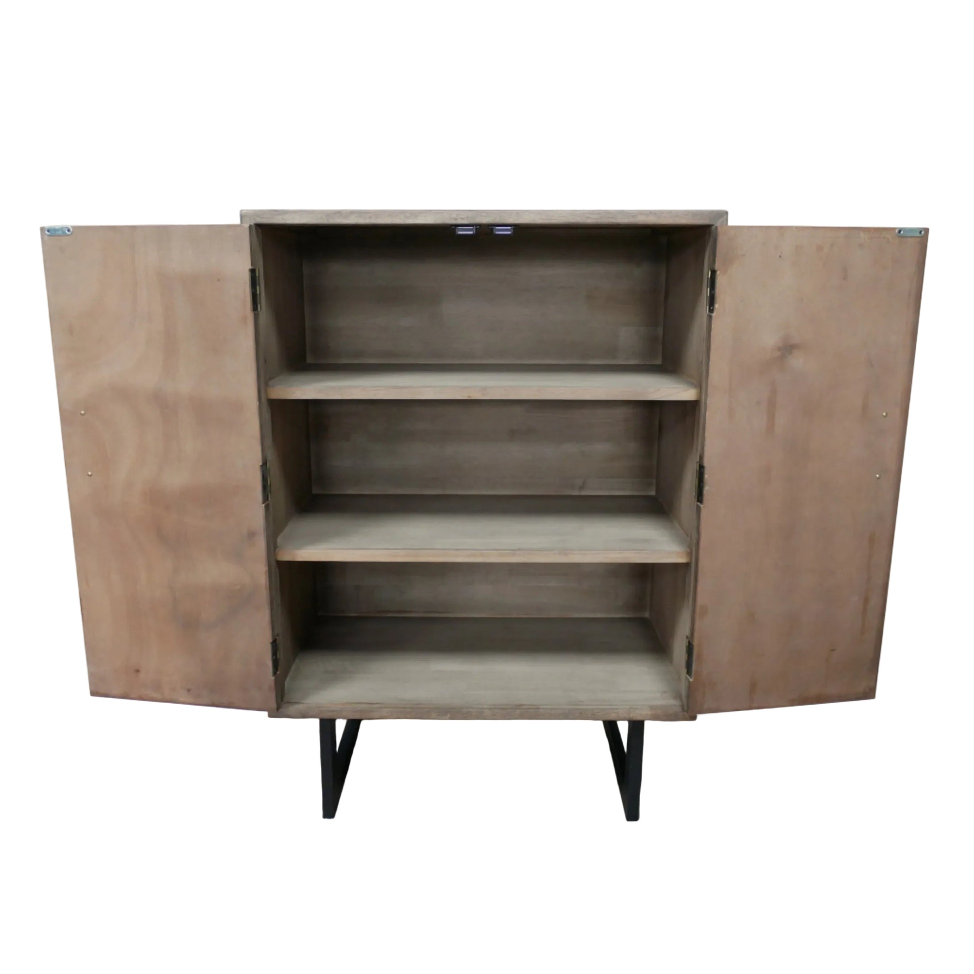 Wooden cabinet with open doors on a wooden floor.
