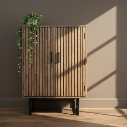Wooden cabinet with slatted design against a plain wall with a plant on top