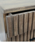 Wooden cabinet with slatted design on a white background