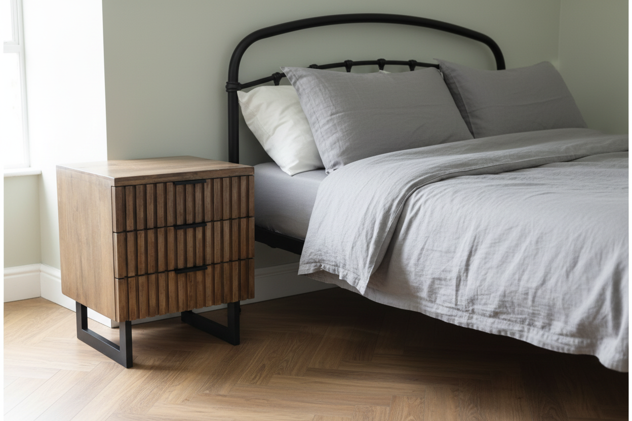 Bedroom with a bed and wooden nightstand.