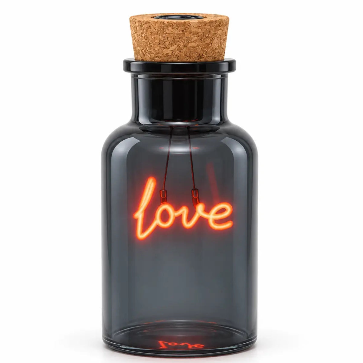 A dark gray glass bottle with a cork stopper, featuring an illuminated orange-red neon-style 'love' sign inside, shown on a plain white background.