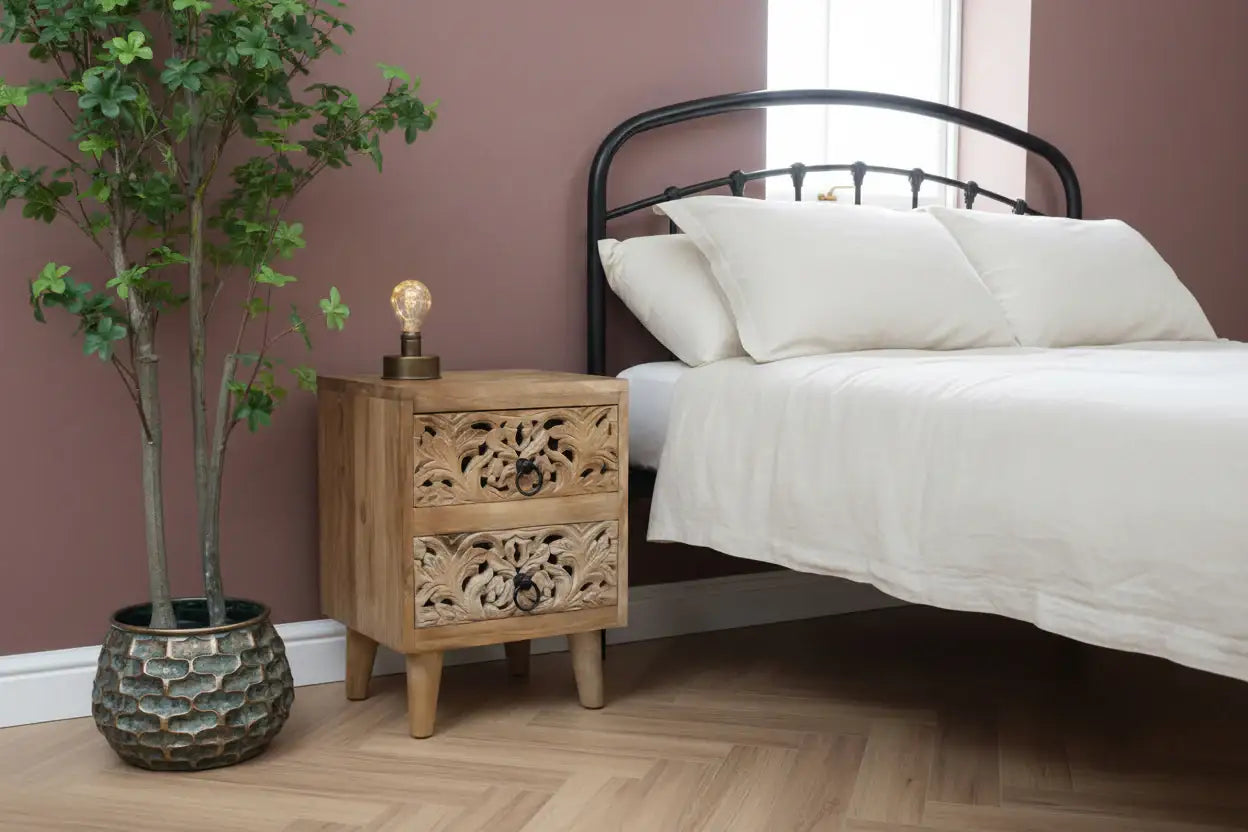 Low Carved Ornate 2 Drawer Bedside Table 6