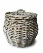 Wicker laundry basket with a lid on a white background