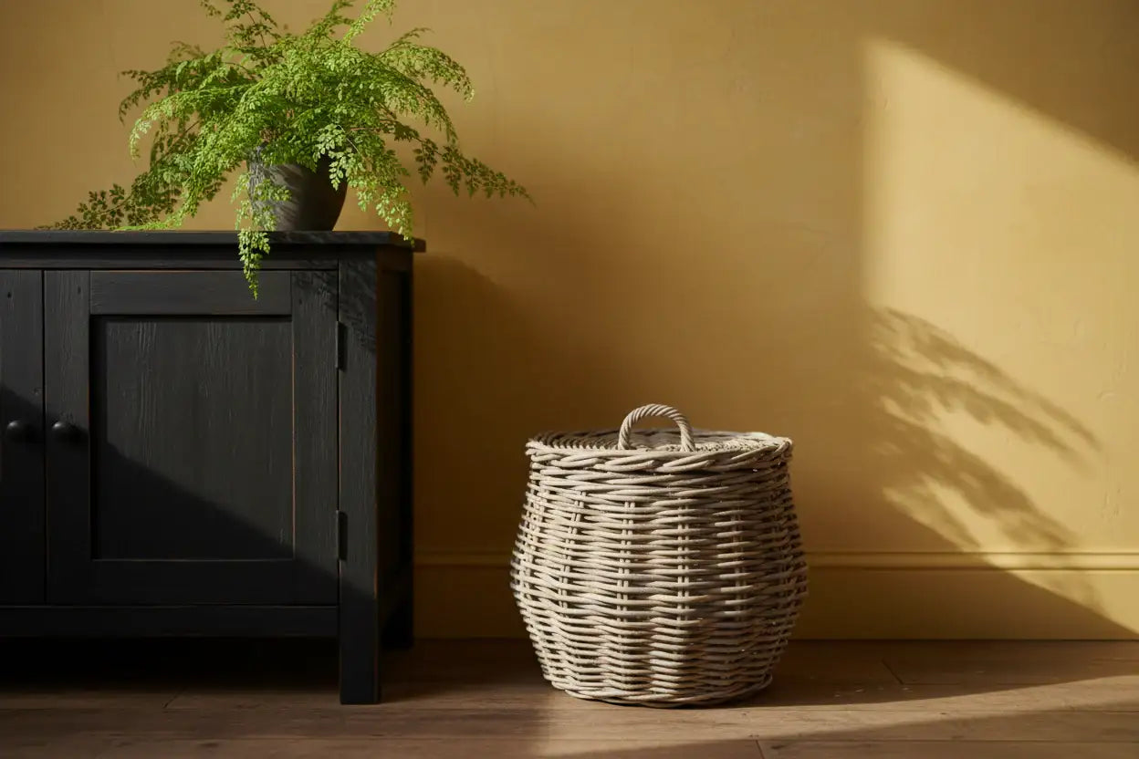 Wicker basket on a wooden floor against a yellow wall with a black cabinet and plant.