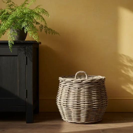 Wicker basket with a lid on a wooden floor against a yellow wall.