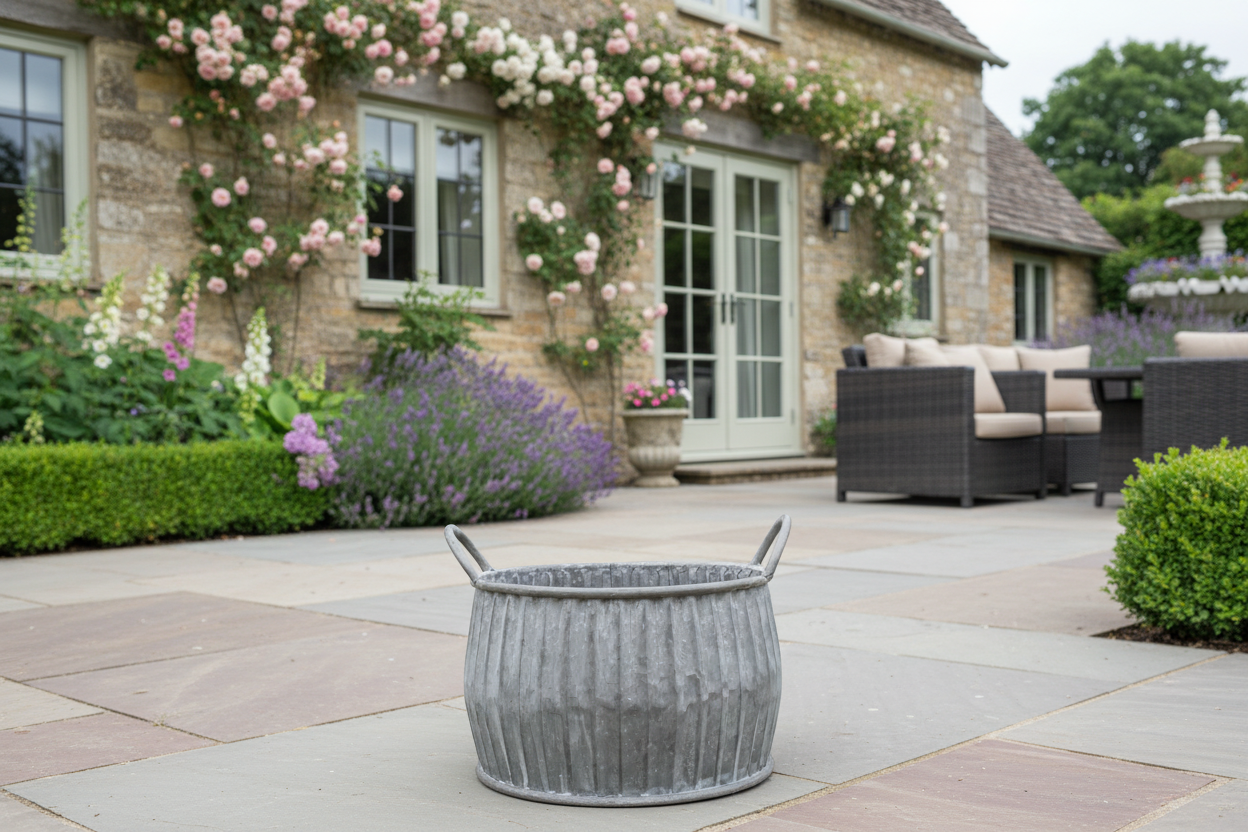 Outdoor patio area with a stone building, flowers, and furniture.