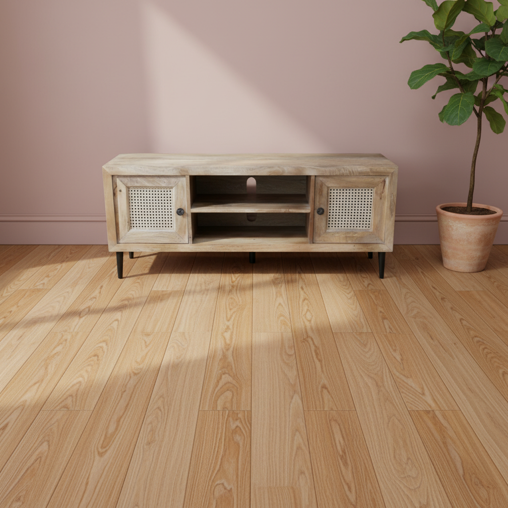 Wooden TV stand with wicker doors on a wooden floor with a plant in the background