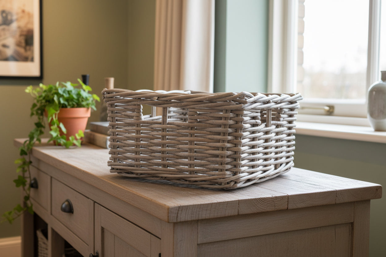 Wicker basket on a wooden surface with a plant and window in the background