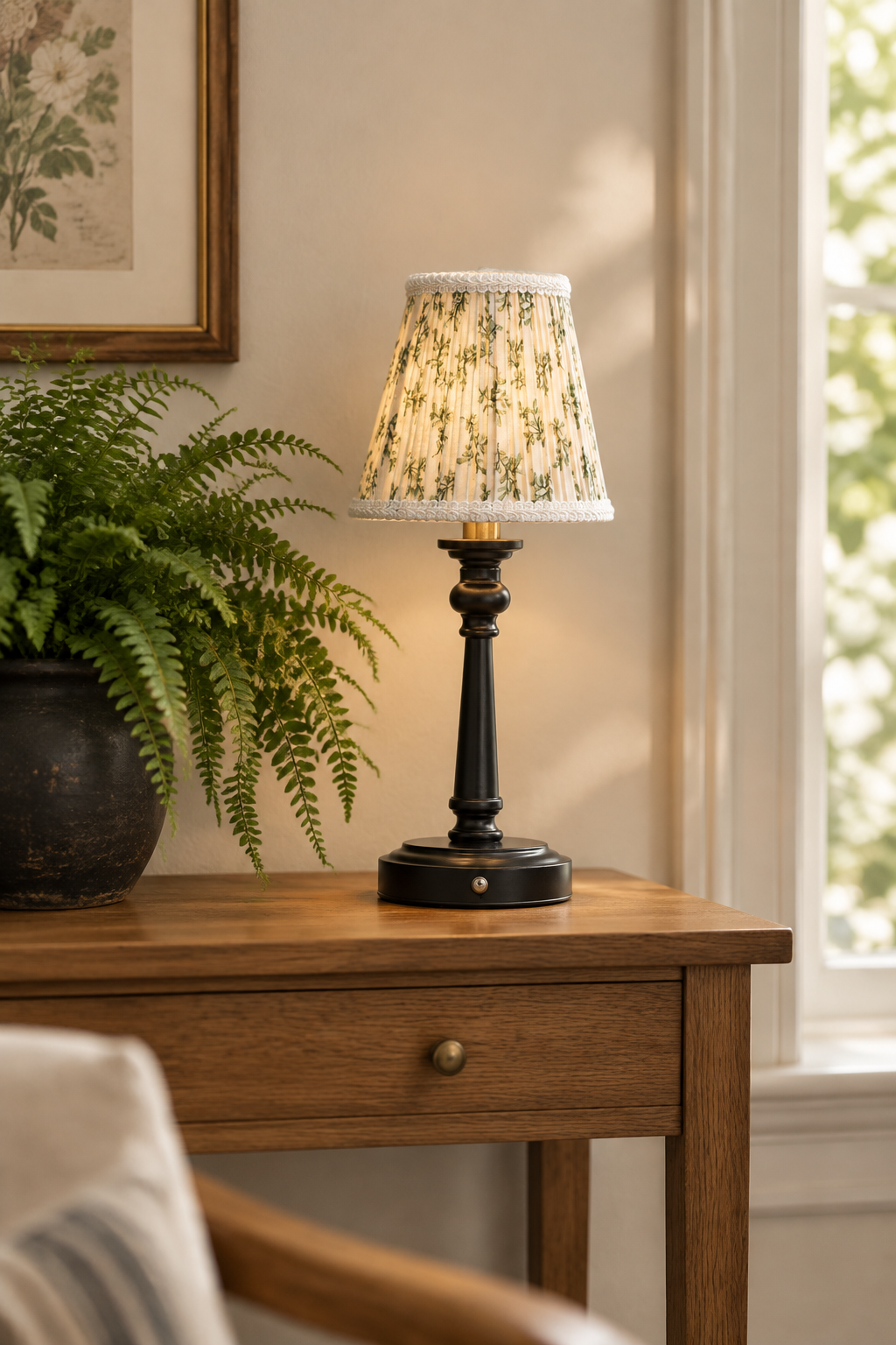 Small Rechargeable Table Lamp with Floral Pleated Shade 5
