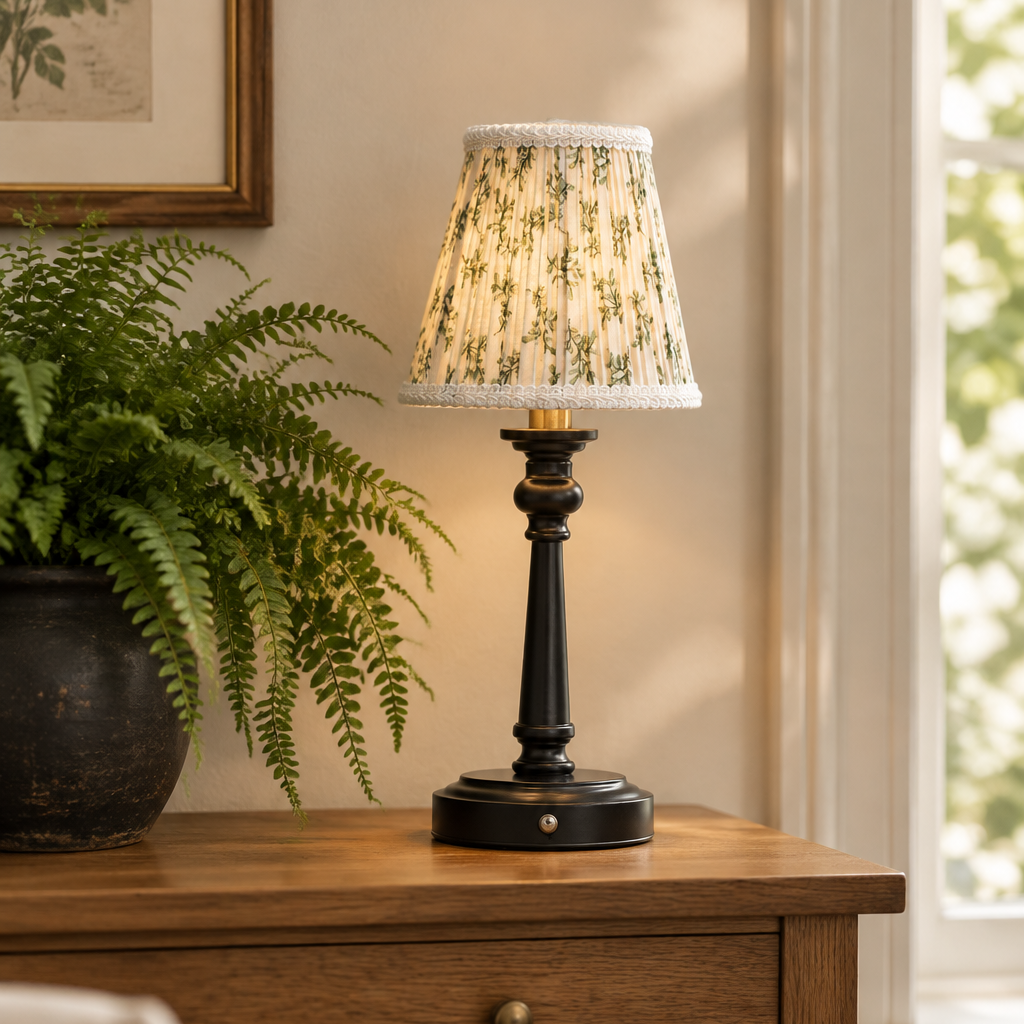 A classic table lamp with a black turned-wood style base and a beige floral-patterned fabric shade with a white lace trim, sitting on a wooden table next to a potted fern.