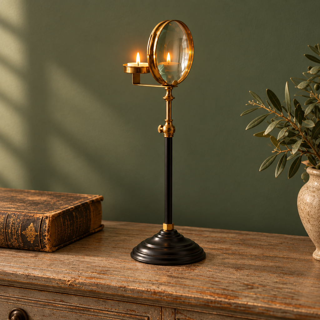 A vintage-style brass and black table lamp with a small lit candle holder and oval mirror, displayed on a rustic wooden table next to an old book and a potted olive branch against a dark green wall.