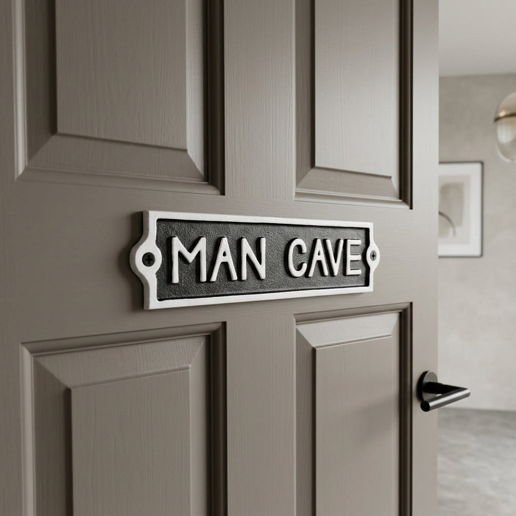 A rectangular metal door sign reading 'MAN CAVE' in raised white letters on a dark textured background, mounted on a taupe paneled door.