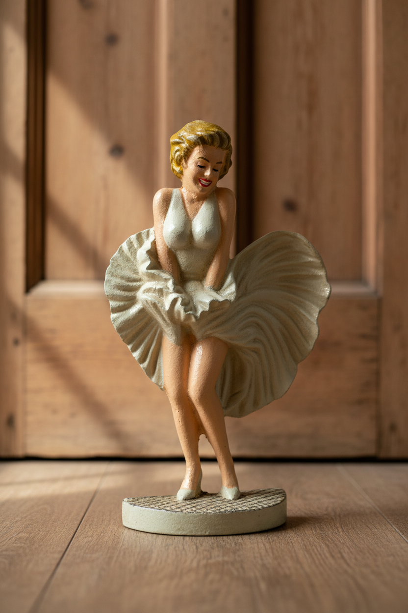 Statue of a woman in a vintage outfit on a wooden floor